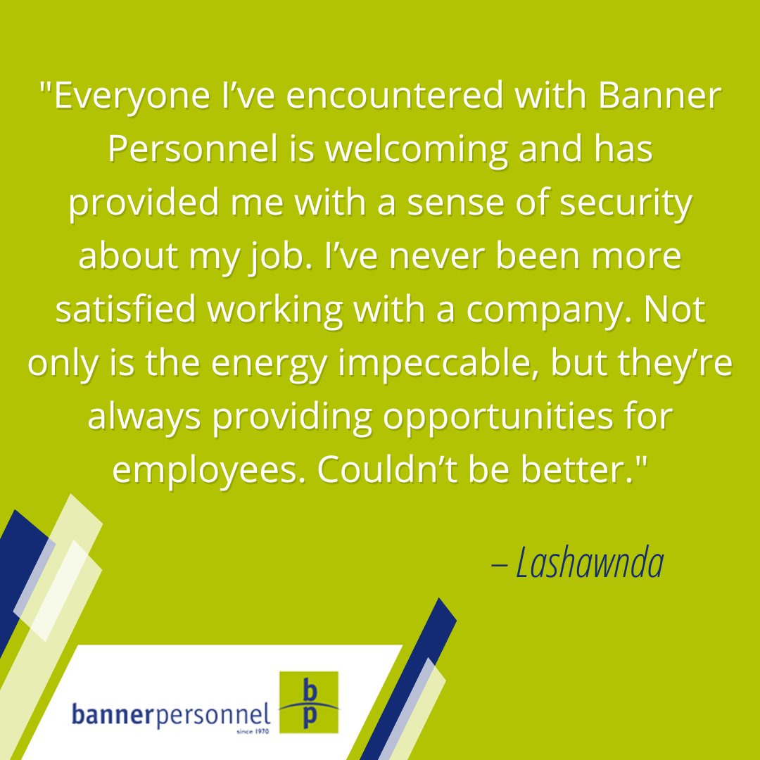 We're thrilled to hear you have had an amazing experience with #BannerPersonnel!

We strive to provide an impeccable work atmosphere filled with endless #opportunities.

Explore our #career portal today!
nsl.ink/akXO

#Hiring #LookingForWork #JobOpportunity #HotJob