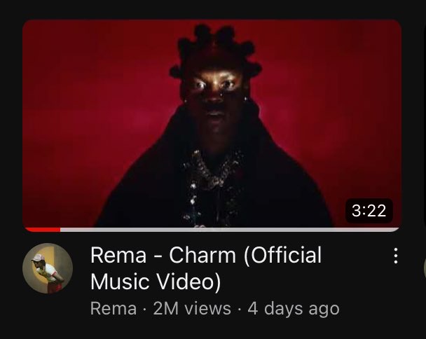 Rema's charm video has surpassed 2m organic views just 4 days after it release 🔥🔥🔥
