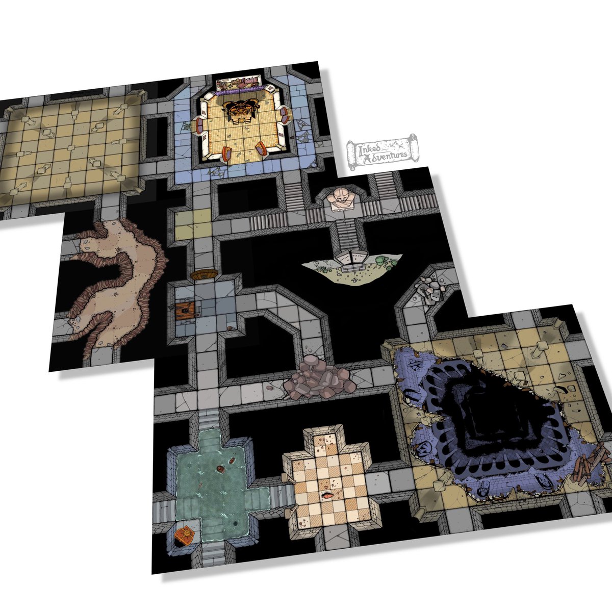 billiambabble's tweet photo. Mock-up layout of 6 colour dungeon geomorphs in GIMP. Hopefully publishable as a product on DTRPG soon. #workprocess #TTRPG #DnD #inkedadventures #dungeontile https://t.co/1074NAVGKQ