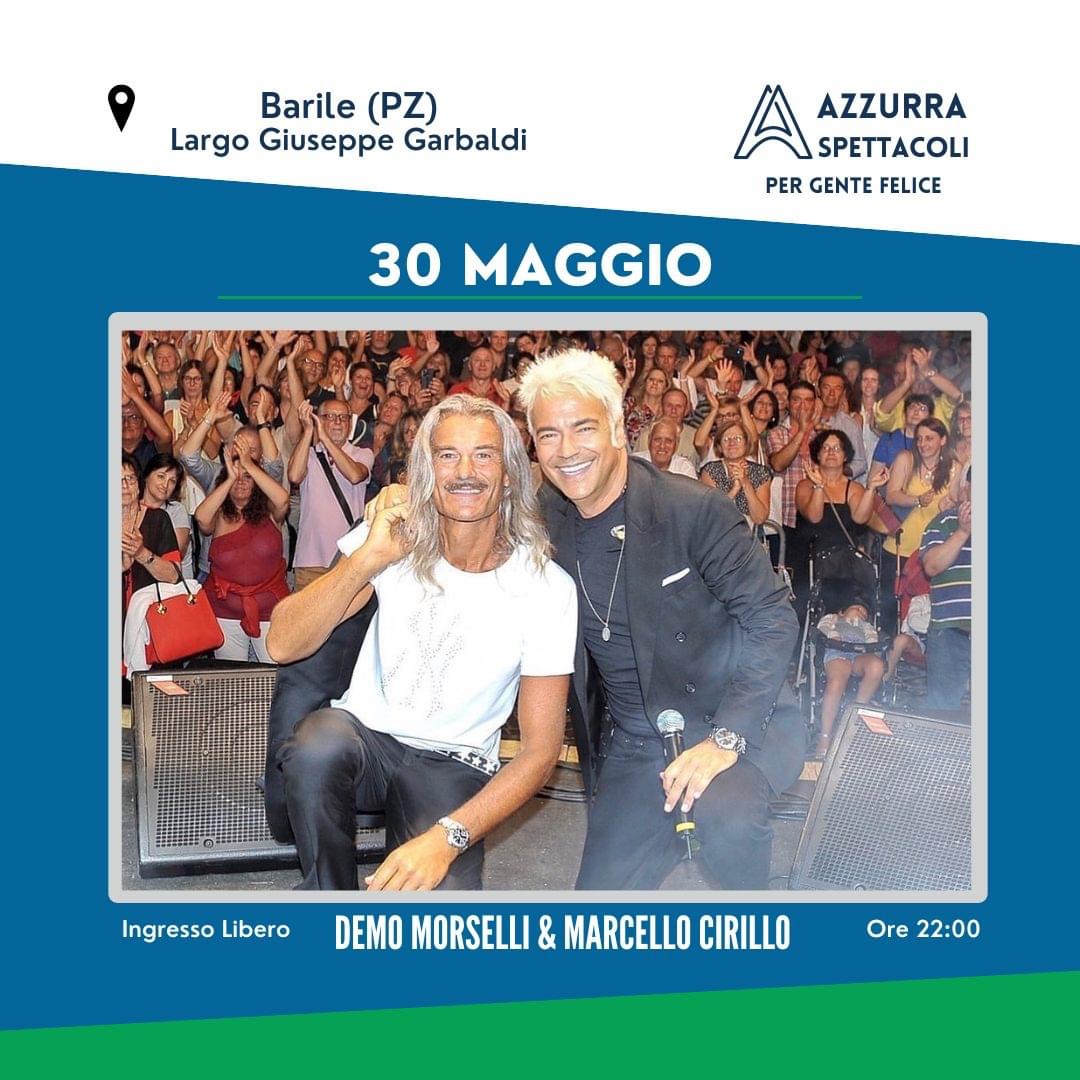 Amici di Barile...siamo pronti e carichi per divertirci ed emozionarci insieme. Ci vediamo martedì 30 maggio! @marcelloCirillo  @DemoMorselli  @cirillofanpage  #hitparadetour #marcellocirillo #demomorselli #musicadalvivo