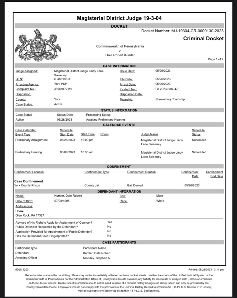 Casey Bortnick on Twitter "Dale Kumler, 24, of Glen Rock Pennsylvania