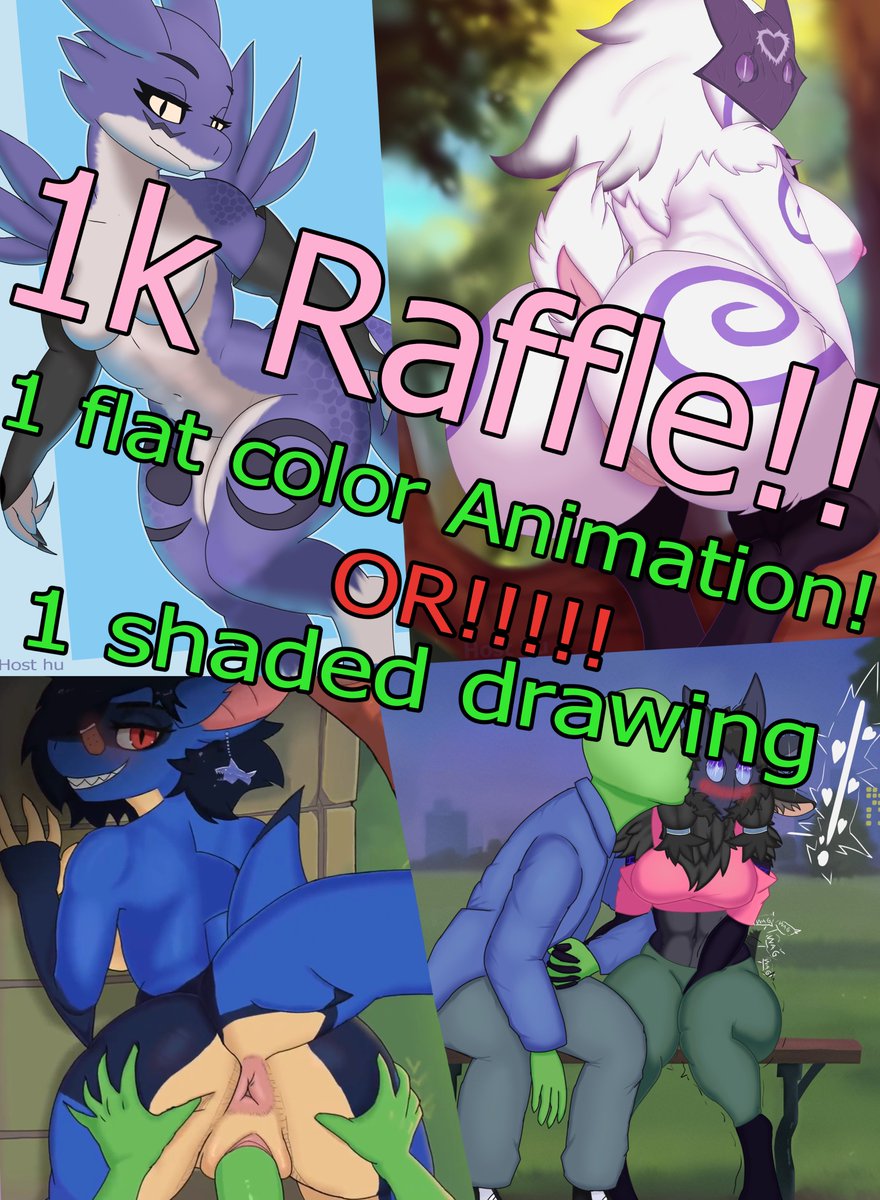 Raffle time!!!

1 one flat color animation or a shaded drawing (With artistic freedom for me)

Rules:
-Must be fallowing.
-Retweet this post.
-Comment with the OC/character to draw. 

PD: Yes, you can indeed fuck my OCs in the animation or drawing.

You can also suggest things.