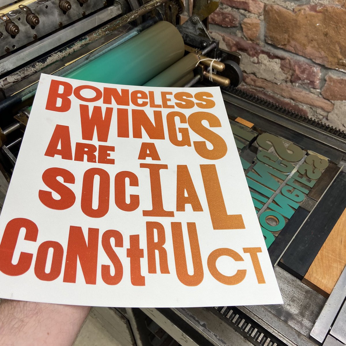 jaredography's tweet image. Excited to present research on boneless wings &amp;amp; the construction of maturity/masculinity next week at the @ASFS_org conference @BU_Tweets / @GastronomyatBU!

I letterpress-printed a limited run of this poster. Let me know if you want one! $30! 

#FoodStudies23 #KnowingFood2023
