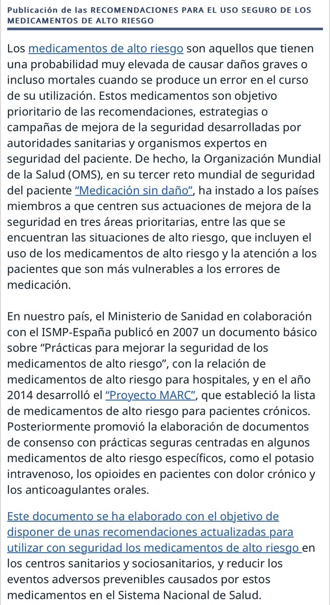 ISMP_Espana's tweet photo. RECOMENDACIONES PARA EL USO SEGURO DE LOS MEDICAMENTOS DE ALTO RIESGO

1️⃣ Lista de medicamentos AR📋
2️⃣ Prácticas seguras 🔒
3️⃣ Difusión de 1️⃣ y 2️⃣ 📢
4️⃣ Info a pacientes y cuidadores ℹ️
5️⃣ Implantación 🔍

🆕 https://t.co/1X9T9Ay6vU
📋 https://t.co/1SPyH4JBCU

#SegPac https://t.co/vyW9OdnndD