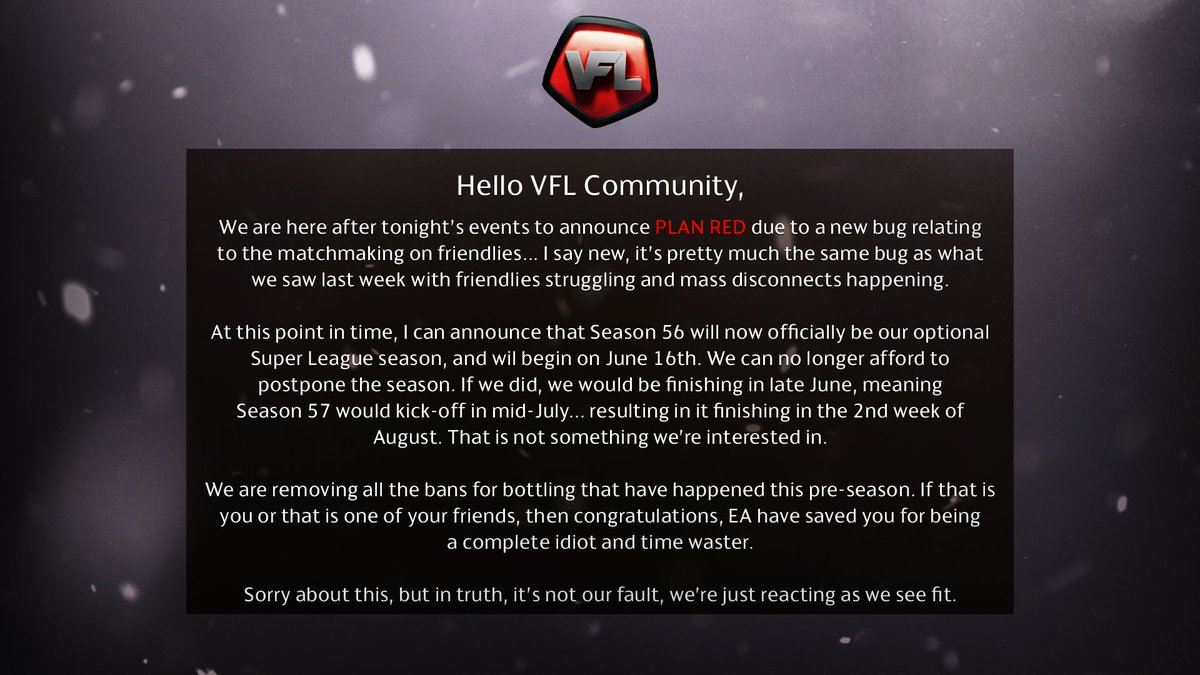 TheVFL_'s tweet photo. An update regarding Season 56 based on what we've seen tonight with the @EASPORTSFIFA Pro Clubs friendlies. #VFL #ProClubs #FIFA23 https://t.co/w7PjpPzVZy