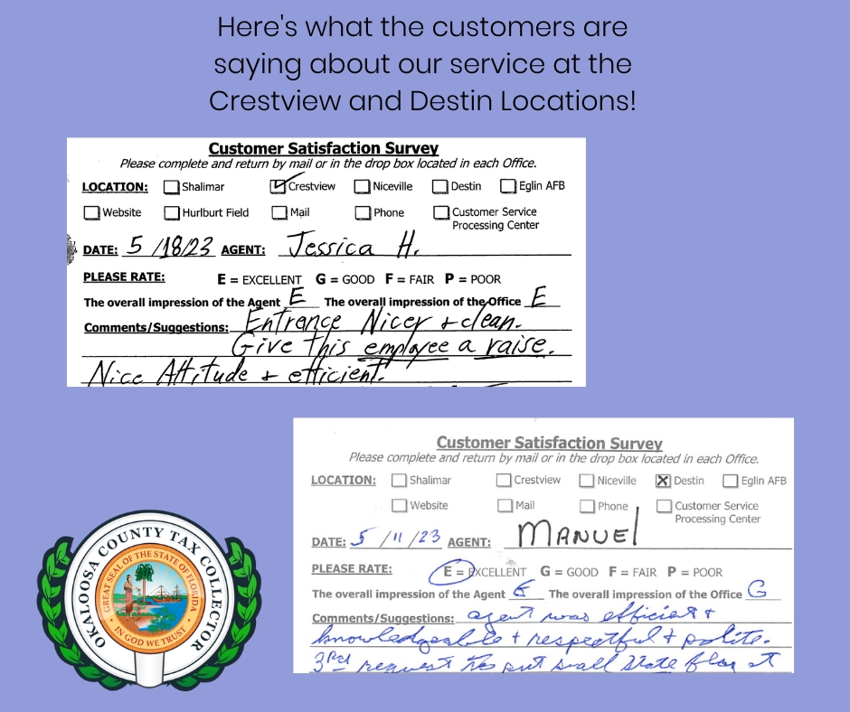 OkaloosaTax's tweet photo. Here's what the customers are saying about our service at the Crestview and Destin locations!
#TeamOCTC! https://t.co/CRzXasDJrU
