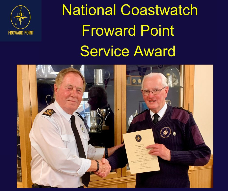 Congratulations and big thank you to volunteer Michael Powell for completing 15 years service at National Coastwatch Froward Point. Michael pictured receiving his award from Station Manager Andy Westwood on the 25th May 2023.