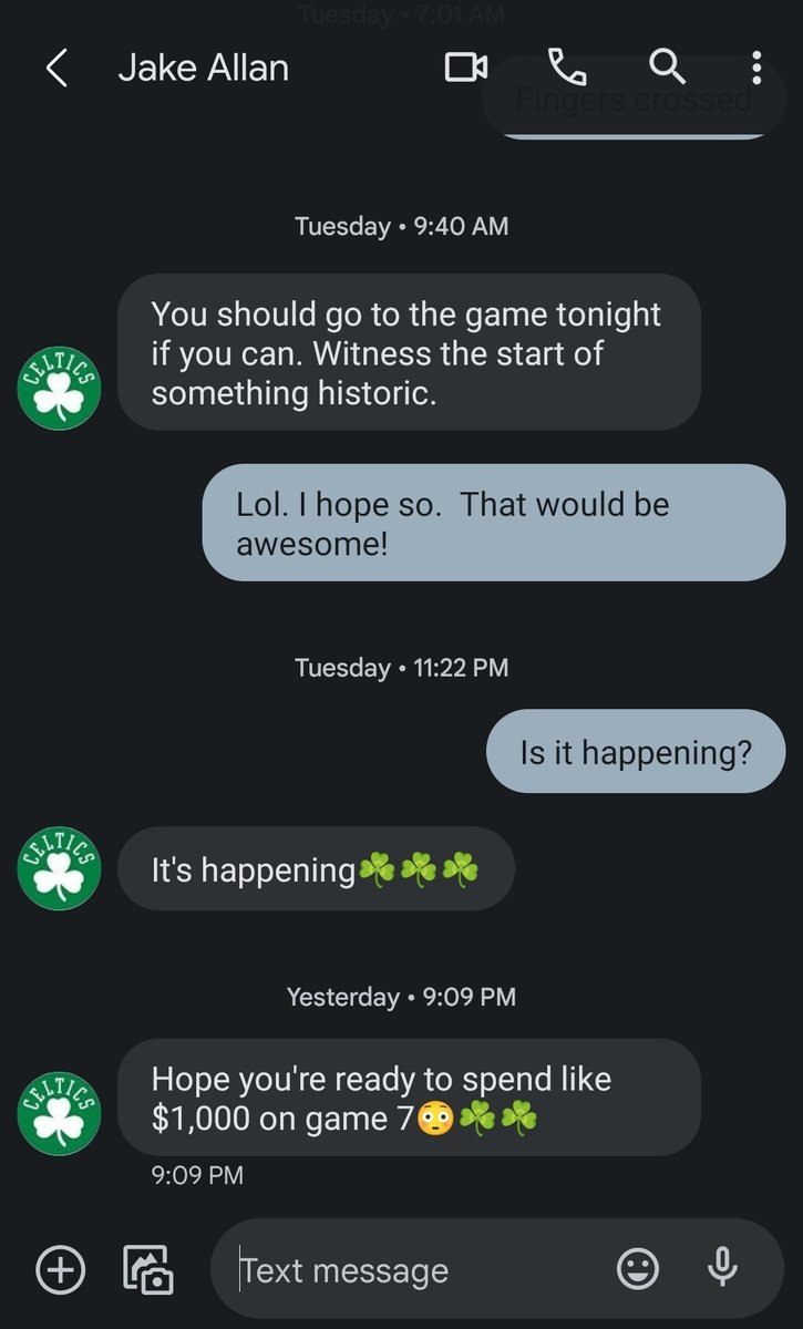 I feel like I should put this out here just for posterity sake.  My son texted prior to the game on this past Tuesday when we were down 3-0.  Unfortunately, I couldn't make the <a href="/celtics/">Boston Celtics</a> game, but now I'm kind of thinking ... 🤔