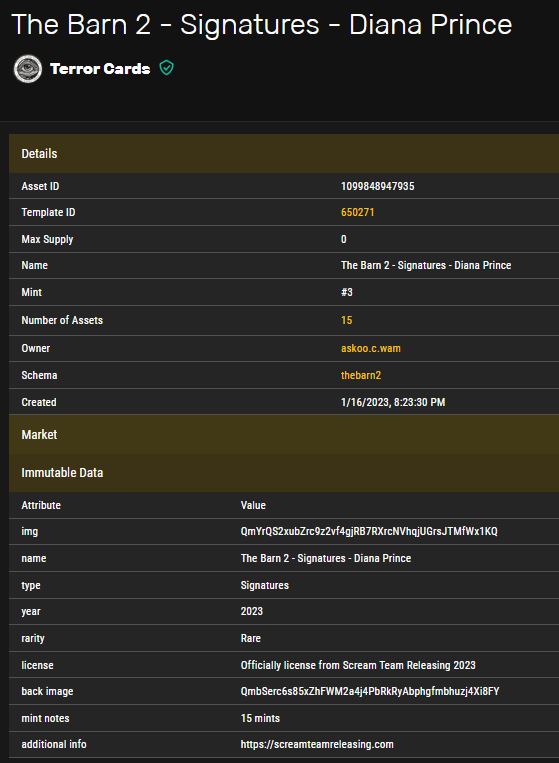 The way I got the card featuring Darcy Prince (co-star of <a href="/Shudder/">Shudder</a>'s #TheLastDriveIn w/<a href="/therealjoebob/">Joe Bob Briggs</a> and many other #movies) was using <a href="/WAX_io/">WAX</a> to purchase the above pack on <a href="/neftyblocks/">NeftyBlocks</a>. The card was inside it. Here's the #blockchain details from <a href="/nfthiveio/">NFTHive.io</a>