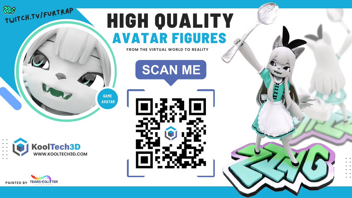 Introducing Fizzi the <a href="/fur_trap/">🤍Furtrap🤍</a>! This delightful figurine beams with excitement and punderful pawsitivity. Zing! 
Transform your Fursona at KoolTech3D.com or scan the QR code. Experience the enchanting world of <a href="/Tearsofglitter7/">Tearsofglitter Customs 🎨🎮</a>'s vivid colors and animated looks!