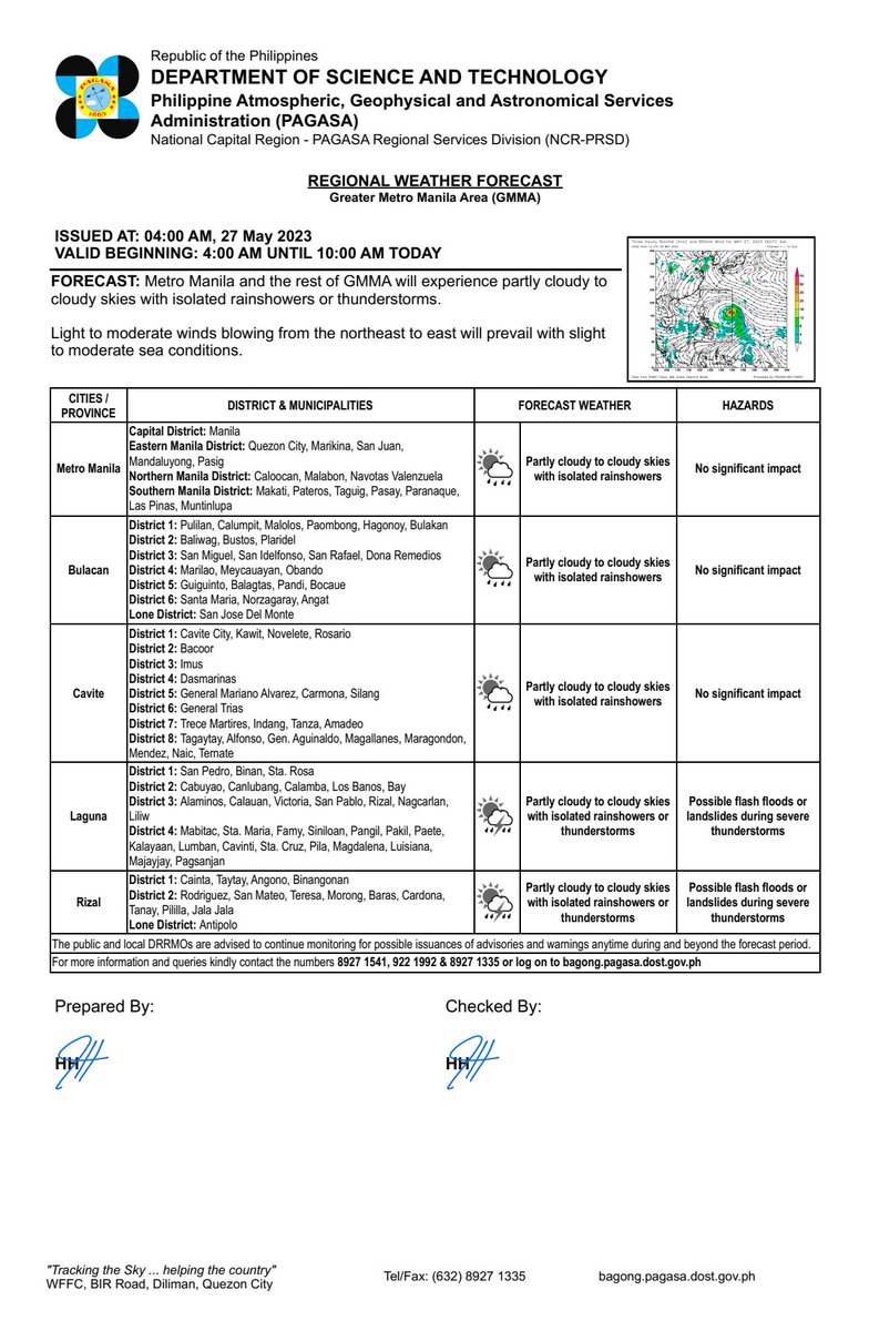 dost_pagasa's tweet photo. REGIONAL WEATHER FORECAST for GREATER METRO MANILA AREA (GMMA) #NCR_PRSD
Issued at: 4:00 AM, 27 May 2023
Valid Beginning: 4:00 AM - 10:00 AM today     

https://t.co/fiReKiBwYN https://t.co/Iju2Mhblzr