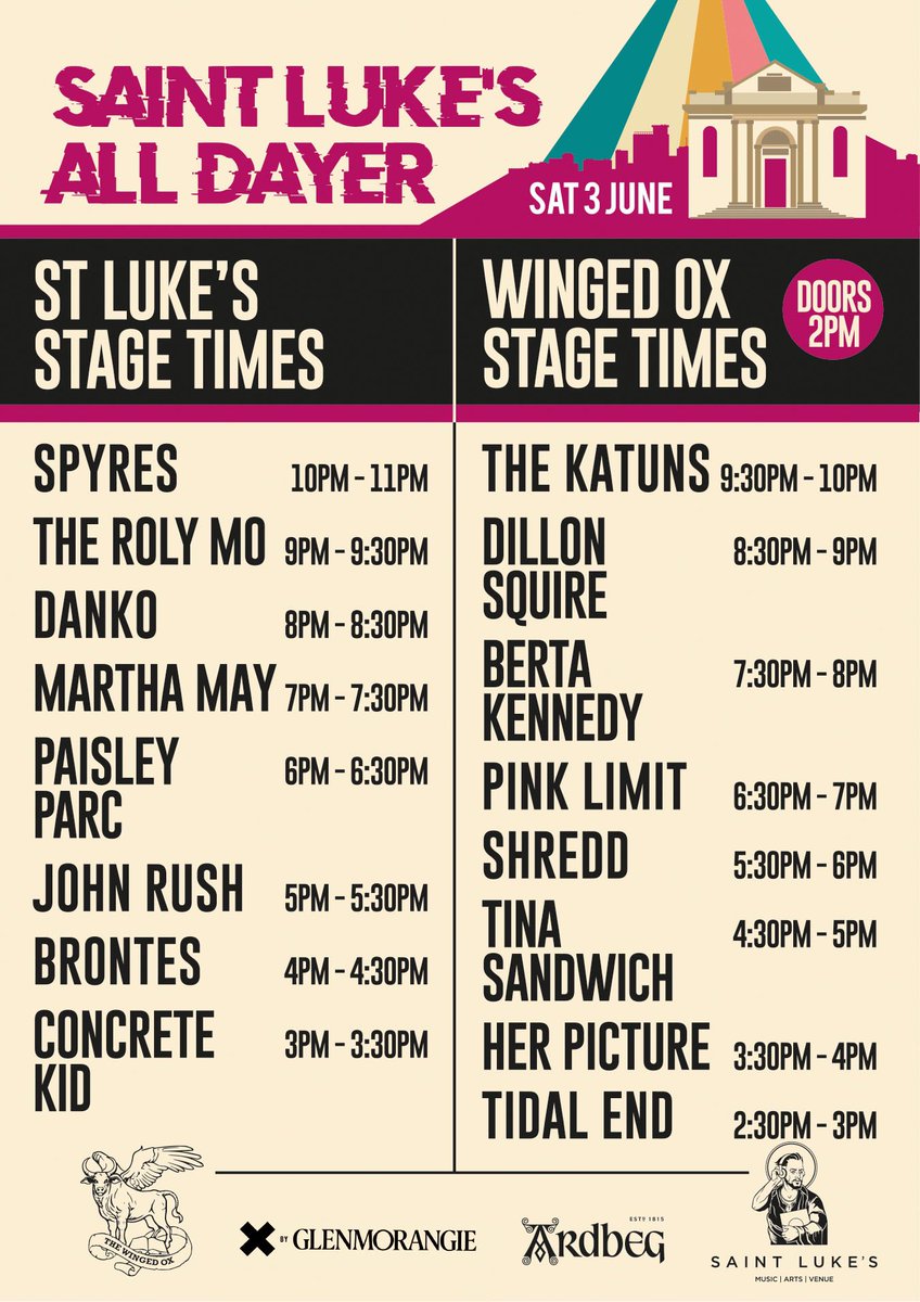 Stage times for @stlukesglasgow all dayer next Saturday! 9pm be there 🚨 Tickets : bit.ly/42YeLI8