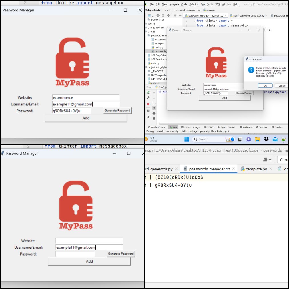 Day - 29 #100DaysOfCode 
Today I built Password Manager Application with Tkinter
grid(), columnspan, UI, Dialog Boxes and Pop-Ups 

I am following the @100daysofpython course by App Brewery
#100daysofcodechallenge #python #100daysofpython 
#pythonprogramming #pythondeveloper