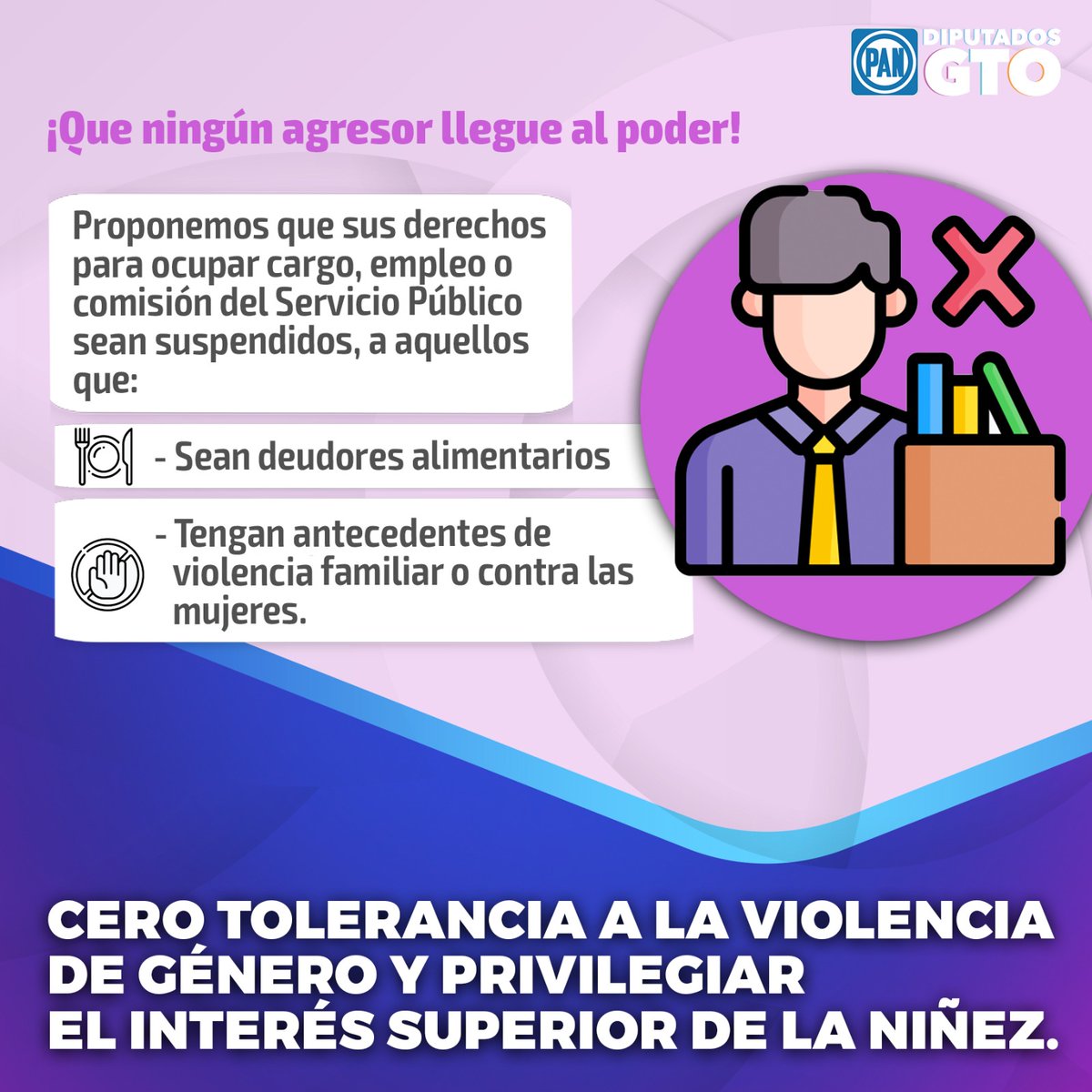 🔵🚨🟣 ¡CUÉNTAME MÁS!  

Para las diputadas y diputados del PAN, cero tolerancia a la violencia de género y se prioriza el interés superior de la niñez.  

¡Que ningún agresor llegue al poder! 
#SomosAccion
#Mujeres