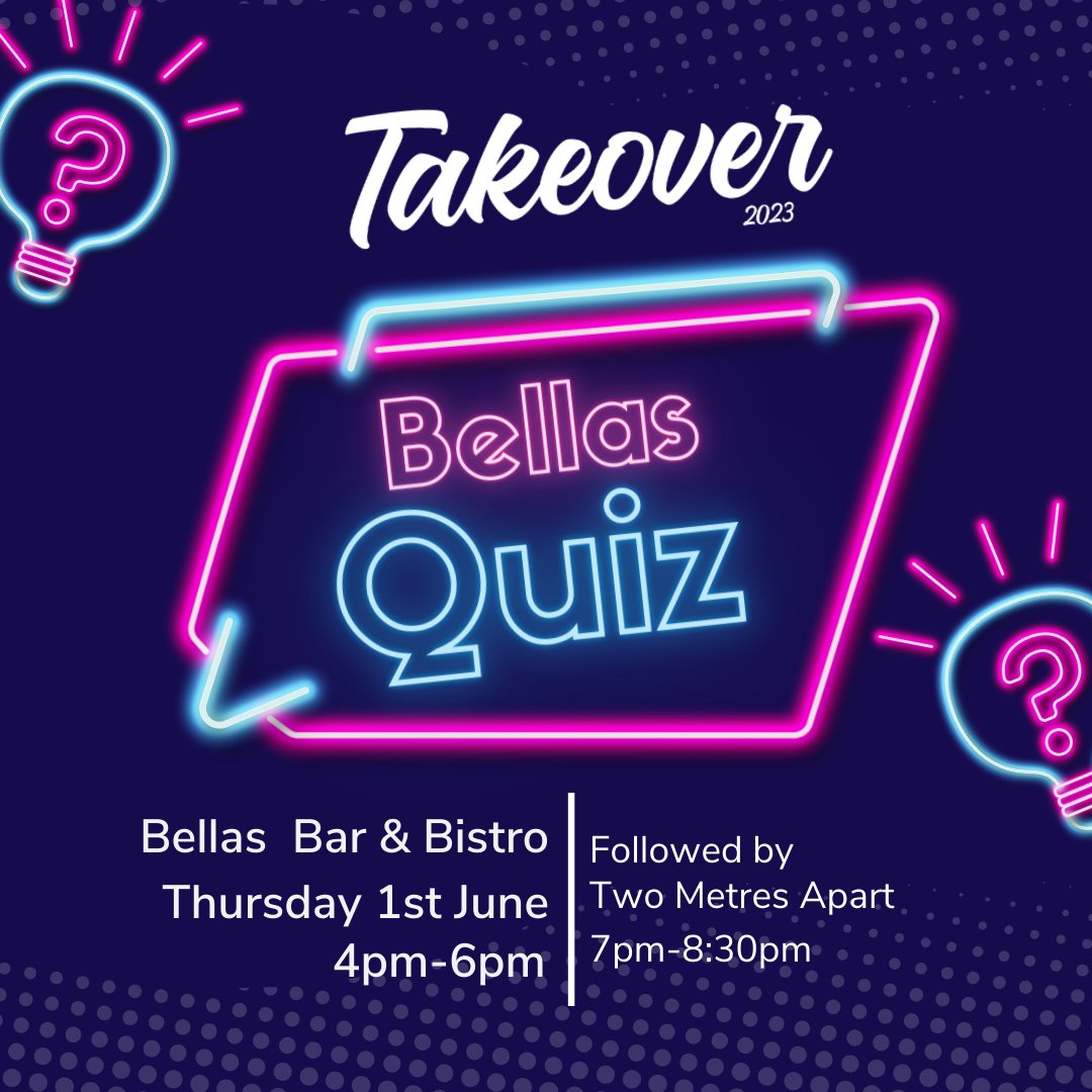 TakeOverFestNE's tweet photo. 🤔Quiz and Gig alert!!🎶 how much general knowledge do you know? Come join us in Bella's Cafe and put your knowledge to the test!! Then we'll be joined by Two Metres Apart for a phenomenal gig night!! See you there! #TakeoverFestival #TakeoverFestival23 #TOF23 https://t.co/BrGyJvqY0a