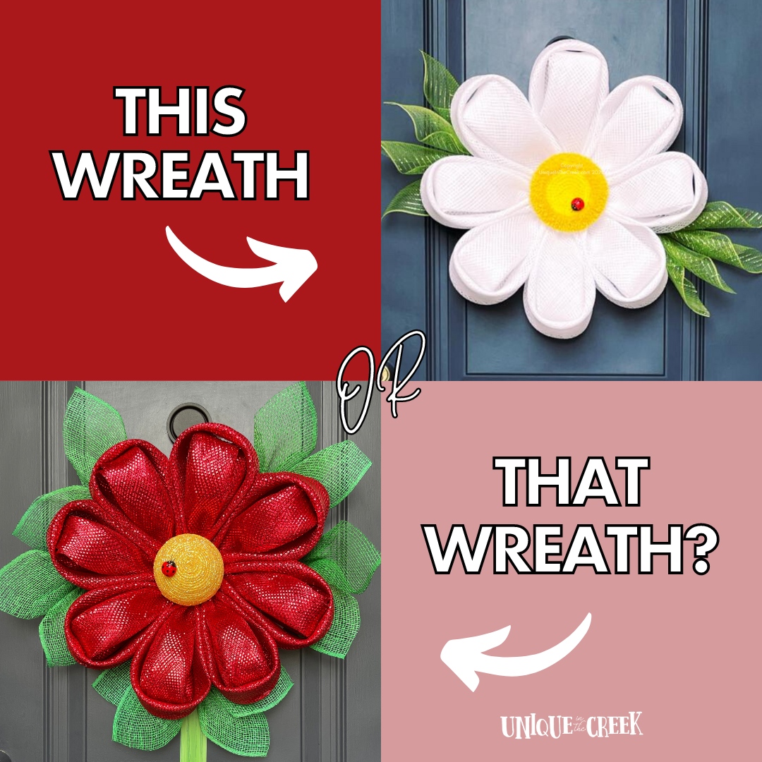 These two beautiful Daisy Wreaths were made using the same petal technique but different mesh colours and centrepieces. Which one do you like the most? Red or White? 🌼❤️🤍

Learn how to get started 👇
go.uniqueinthecreek.com/easy

#UITC #summerdecor #wreathmakers #DIY