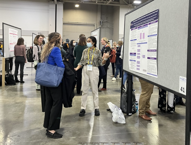 thepgslab's tweet photo. #FlashBackFriday to RA Uma’s time at #SRCD2023! In 'Social Connectedness and Wellbeing among Black Women following Adolescent Sexual Trauma' Uma found that for PGS-RISE youth, sexual trauma during adolescence was associated with slightly lower flourishing in early adulthood. https://t.co/ep66eU86p0