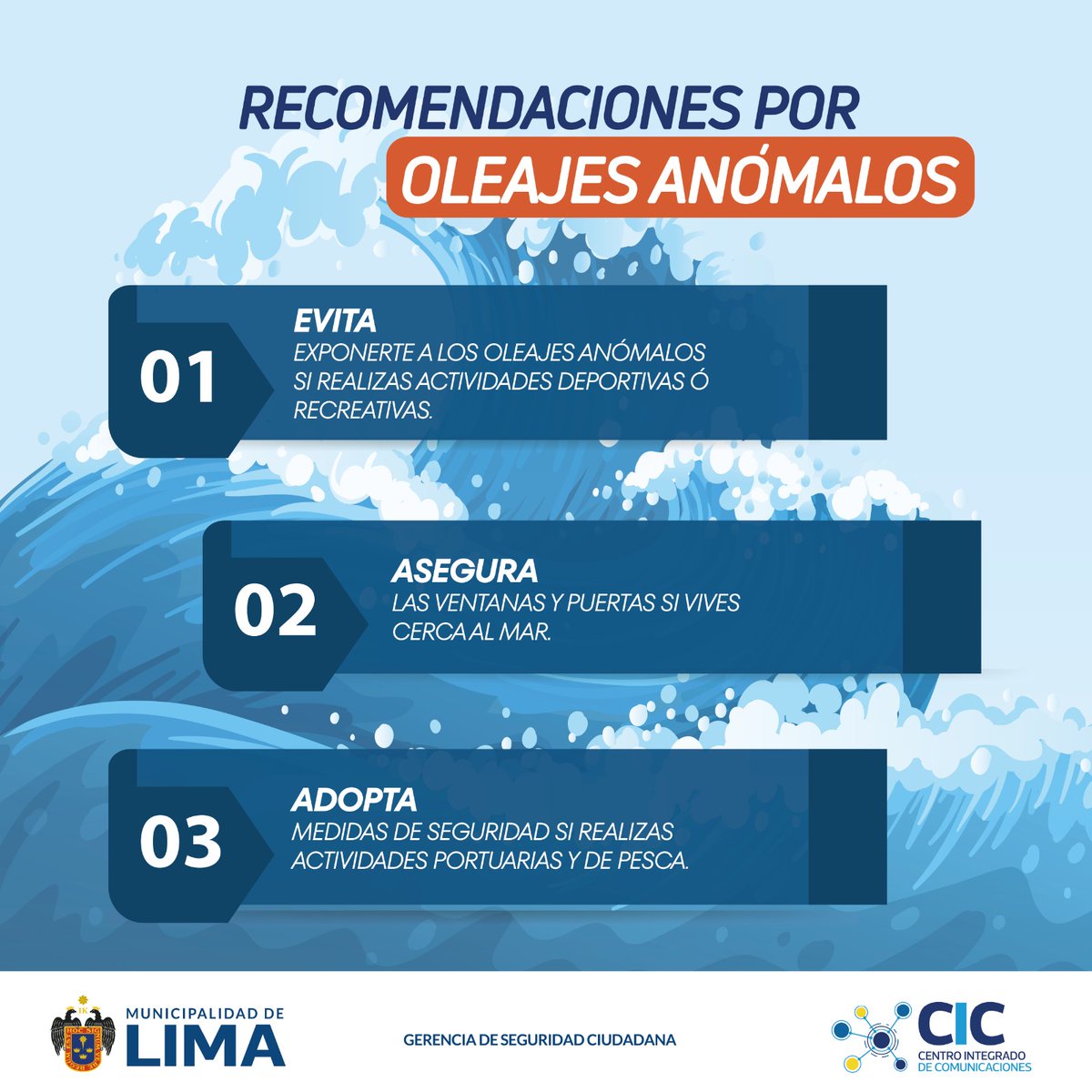📢@CIC_MML de @MuniLima #RECOMENDACIONES Sigue estas recomendaciones ante #oleajesanomalos de fuerte intensidad en nuestro litoral peruano🌊🇵🇪#DEFENSACIVIL #INDECI #tareadetodos #SENAMHI #COEN