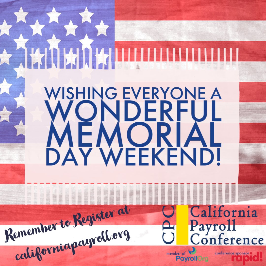 CAPayCon's tweet photo. The California Payroll Conference Pay Angels wish you a wonderful Memorial Day Weekend!
#CAPayCon #MemorialDay2023 #paynews - via Whova Event App https://t.co/6cIXqRvfLN