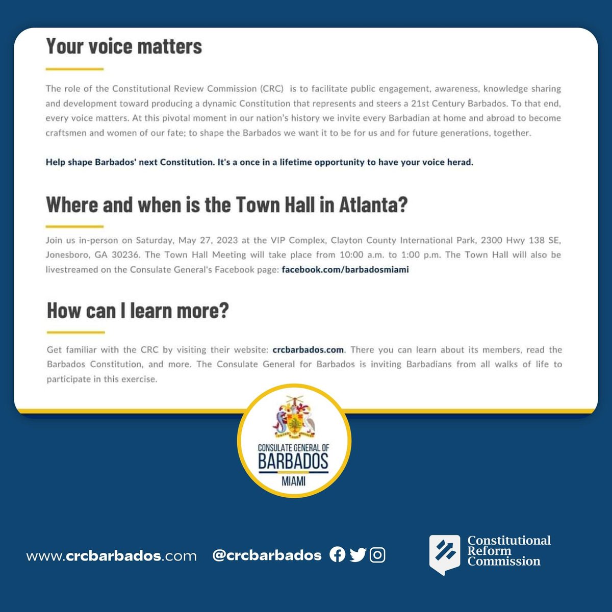 crcbarbados (@crcbarbados) on Twitter photo Next <a href="/crcbarbados/">crcbarbados</a> stop Atlanta!
Join us tomorrow, Saturday May 27th for a reception and town hall meeting from 10am at the VIP Complex, Clayton County International Park, 2300 Hwy 138 SE, Jonesboro, GA 30236.
See you there!
#barbados #haveyoursay #crcbarbados #diaspora Next <a href="/crcbarbados/">crcbarbados</a> stop Atlanta!
Join us tomorrow, Saturday May 27th for a reception and town hall meeting from 10am at the VIP Complex, Clayton County International Park, 2300 Hwy 138 SE, Jonesboro, GA 30236.
See you there!
#barbados #haveyoursay #crcbarbados #diaspora