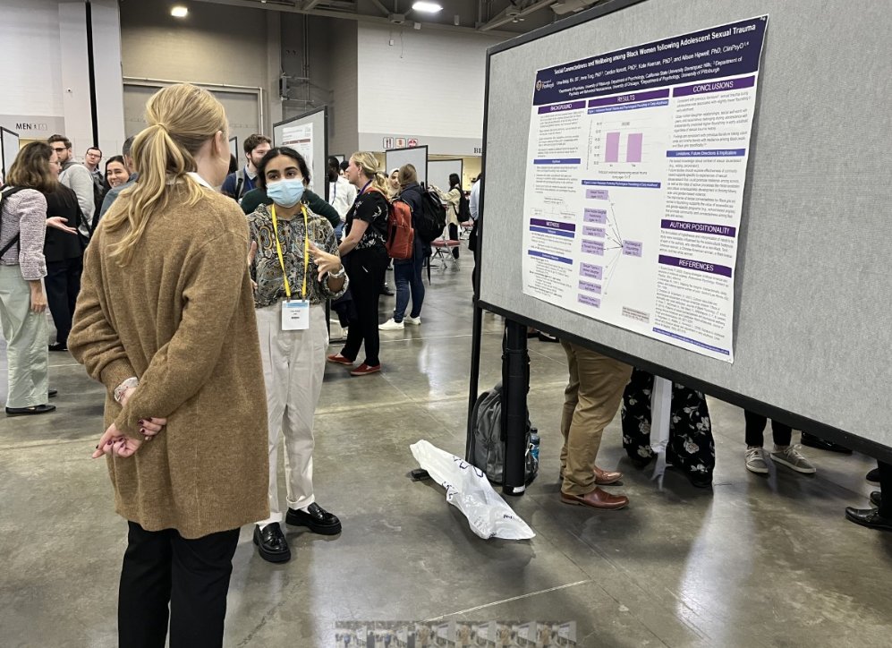 thepgslab's tweet photo. #FlashBackFriday to RA Uma’s time at #SRCD2023! In 'Social Connectedness and Wellbeing among Black Women following Adolescent Sexual Trauma' Uma found that for PGS-RISE youth, sexual trauma during adolescence was associated with slightly lower flourishing in early adulthood. https://t.co/ep66eU86p0