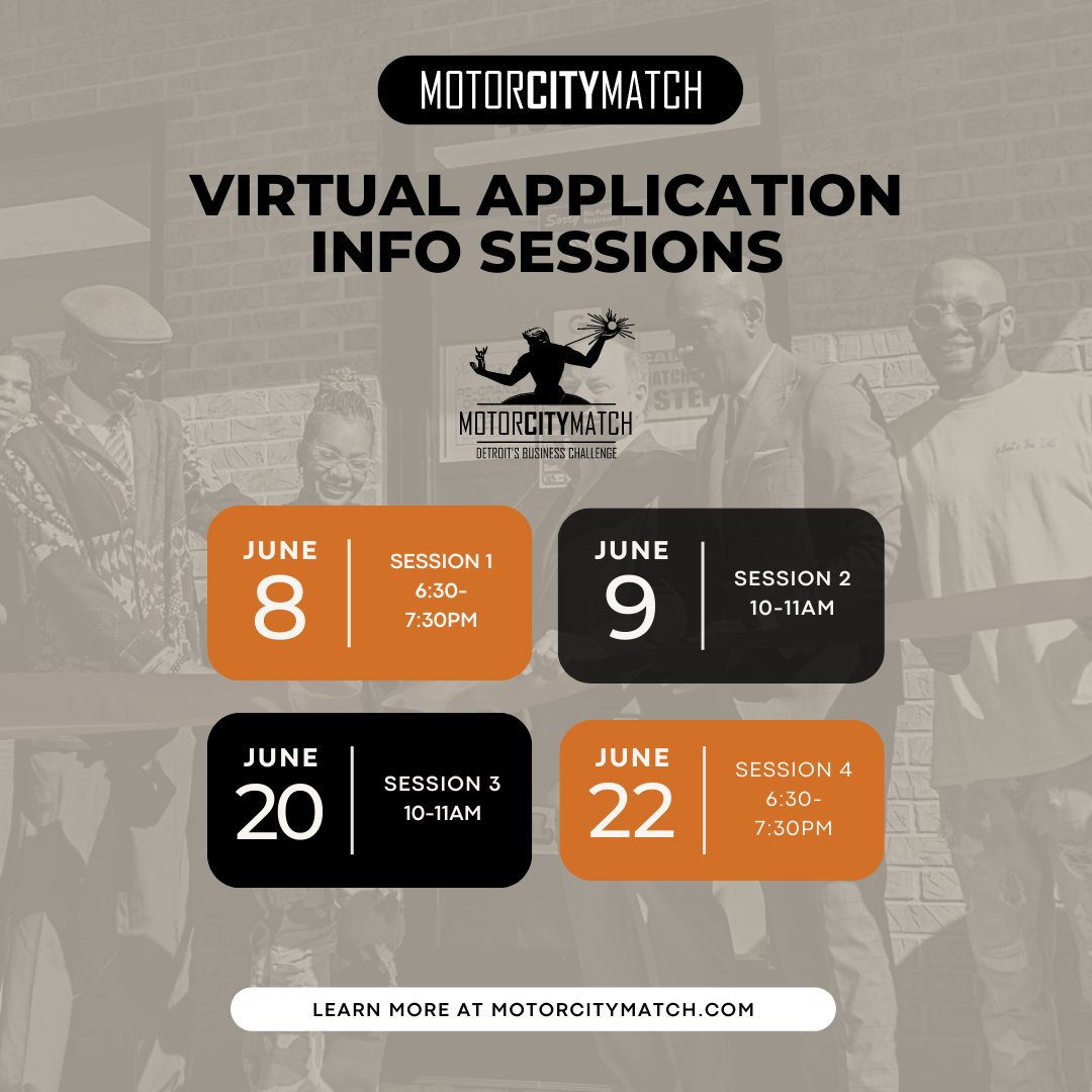 Interested in applying for Round 24 of #MotorCityMatch? Learn more about the program guidelines and the 5 tracks (Plan, Develop, Design, Cash, and Restore) at one of our four upcoming virtual info sessions 

Register here 🔗 bit.ly/3MCQ7pq