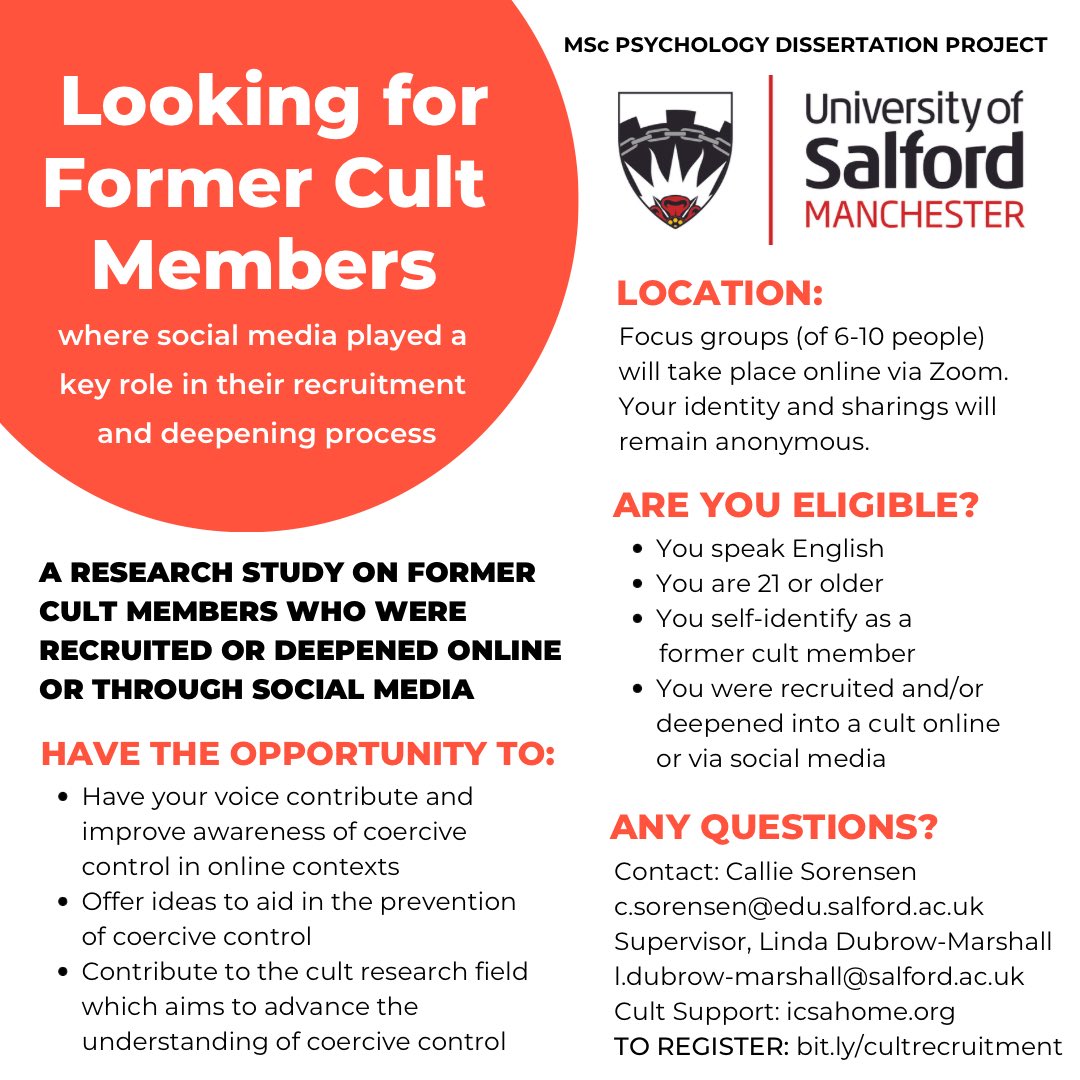 Looking for Former Cult Members.

One final focus group study will be held this coming week. 

Contribute to deepening our understanding of cult recruitment & prevention. 

More info and to register:
bit.ly/cultrecruitment 

#cult #igotout