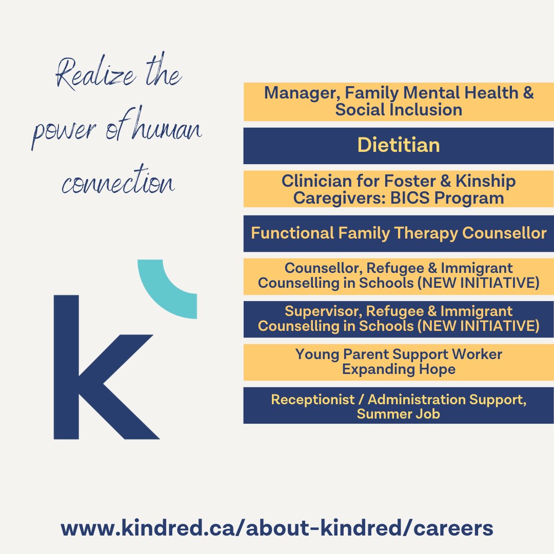We are looking for incredible people like you to #JoinOurTeam at Kindred! Hit the link below to check out our new opportunities!

➡️ ow.ly/GgbA50KtqRK

#thisiskindred #connectionmatters #Calgarynonprofit #yycjobs #nowhiring #YYCnonprofit #calgaryjobs