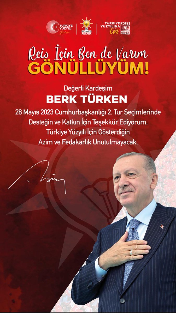 Büyük ve Güçlü Türkiye için, İstiklâl ve İstikbal için. İnandığım lider @RTErdogan için sonuna kadar varım. Ben de GÖNÜLLÜYÜM. ➡️ reisicinbendevarim.com #ReisİçinBendeVarım