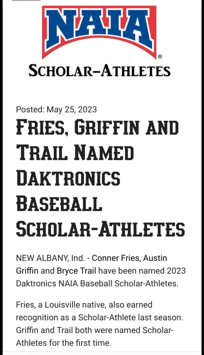 The awards continue to pile up for my guy <a href="/FriesConner/">Conner Fries</a> as he is named NAIA Scholar Athlete for the 2nd time. Congrats to his IUS Grenadier teammates as well.