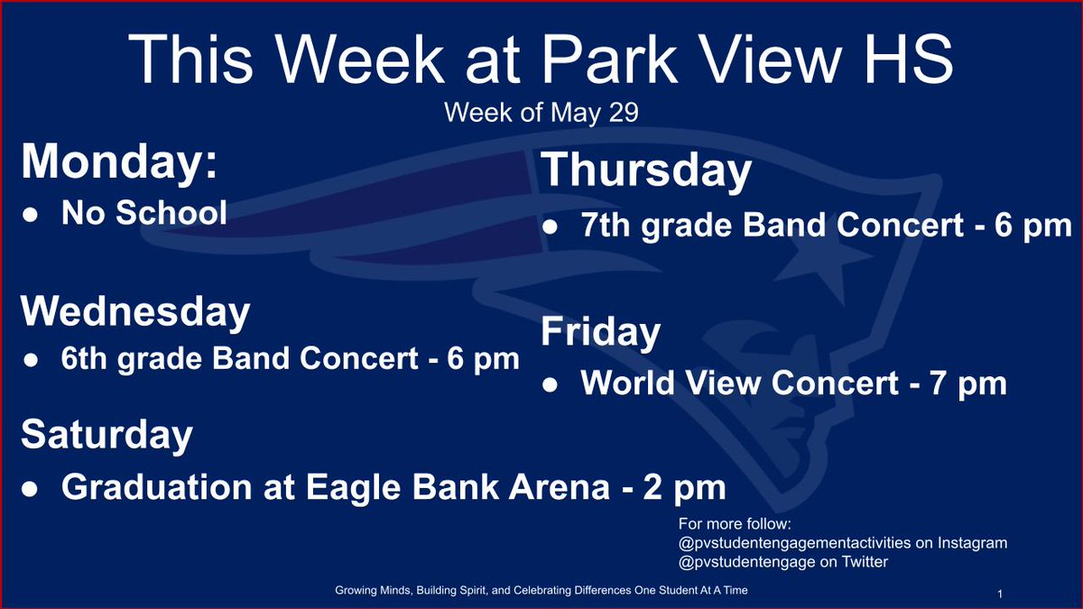 Hope to see you at <a href="/Park_View_HS/">PVHS</a>  this week!!! #GoPatriotsGo