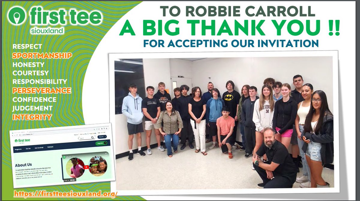 First Tee Siouxland and Ms. Zyzda's Sales and Marketing class welcomed the Young Professional Presentation by Robbie Carroll - CEO &amp; COMPANY CO-FOUNDER, experienced soccer coach, young leader. @BlackRaidersEHS