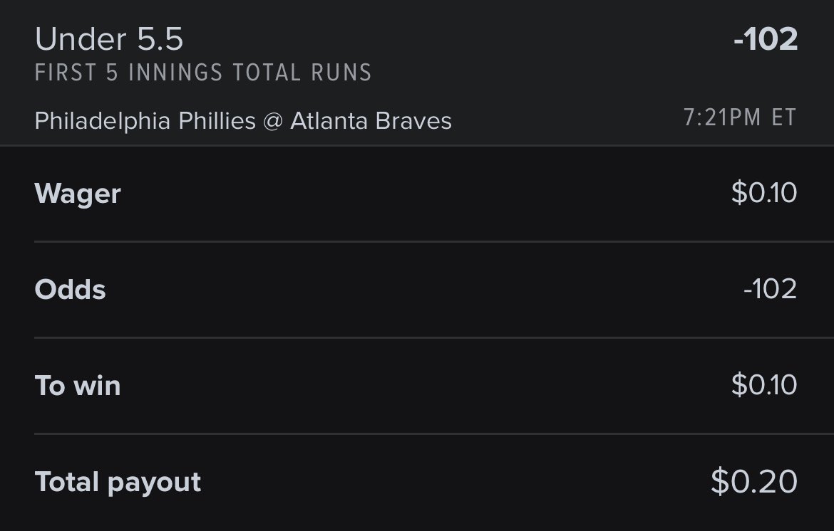 1$ to 1 Million Challenge

Record: 793-695-35
Balance: $8.87

White Sox F5 ML -152 $0.15
LADvTB F3 over 2.5 -134 $0.10
Orioles F5 ML -118
PHIvATL F5 under 5.5 -102
Giants F5 ML +110 $0.10
MIAvLAA over 8 -114 $0.10
Pirates F5 +0.5 -115 $0.12