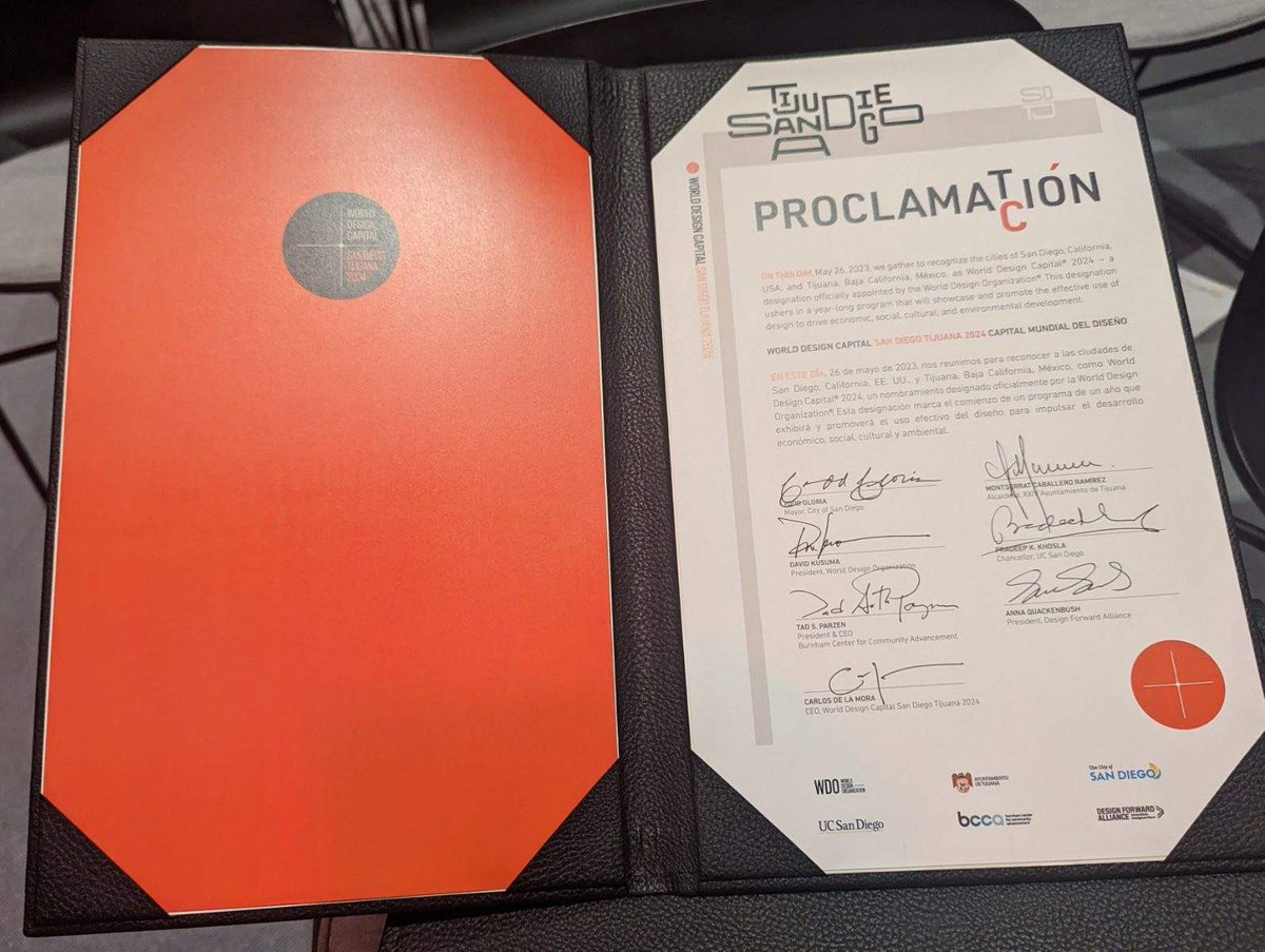MayorToddGloria's tweet photo. Today, we celebrated the signing of the @wdc2024 Host City Agreement, kicking off what will be a yearlong celebration of our transborder community’s art, design and innovation. 

I am proud WDC chose the San Diego-Tijuana mega-region as its 2024 World Design Capital. #ForAllofUs https://t.co/jgBPgC86mN