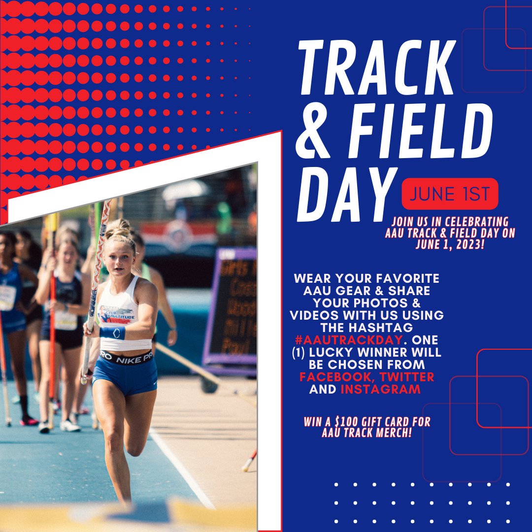 AAUTrackNField's tweet photo. Did you know AAU Track and Field Day is Thursday, June 1st??
How are we celebrating you ask? With you guys and a $100 gift card to get some AAU TF merch π€©π π₯all you have to do is wear your favorite AAU gear and share videos and photos with us using the hashtag #AAUTrackDay! https://t.co/POGa7MHl78