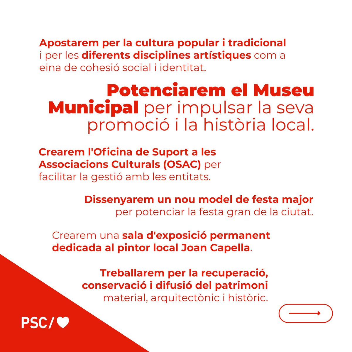 PSCMontcada's tweet photo. 🎭🎉 CULTURA
La cultura és la garantia d'una ciutat viva. Apostarem pel teixit associatiu i per preservar i potenciar el talent i la riquesa cultural, artística i patrimonial de #Montcada.
#TransformemMontcada https://t.co/4wmbW9K2TX