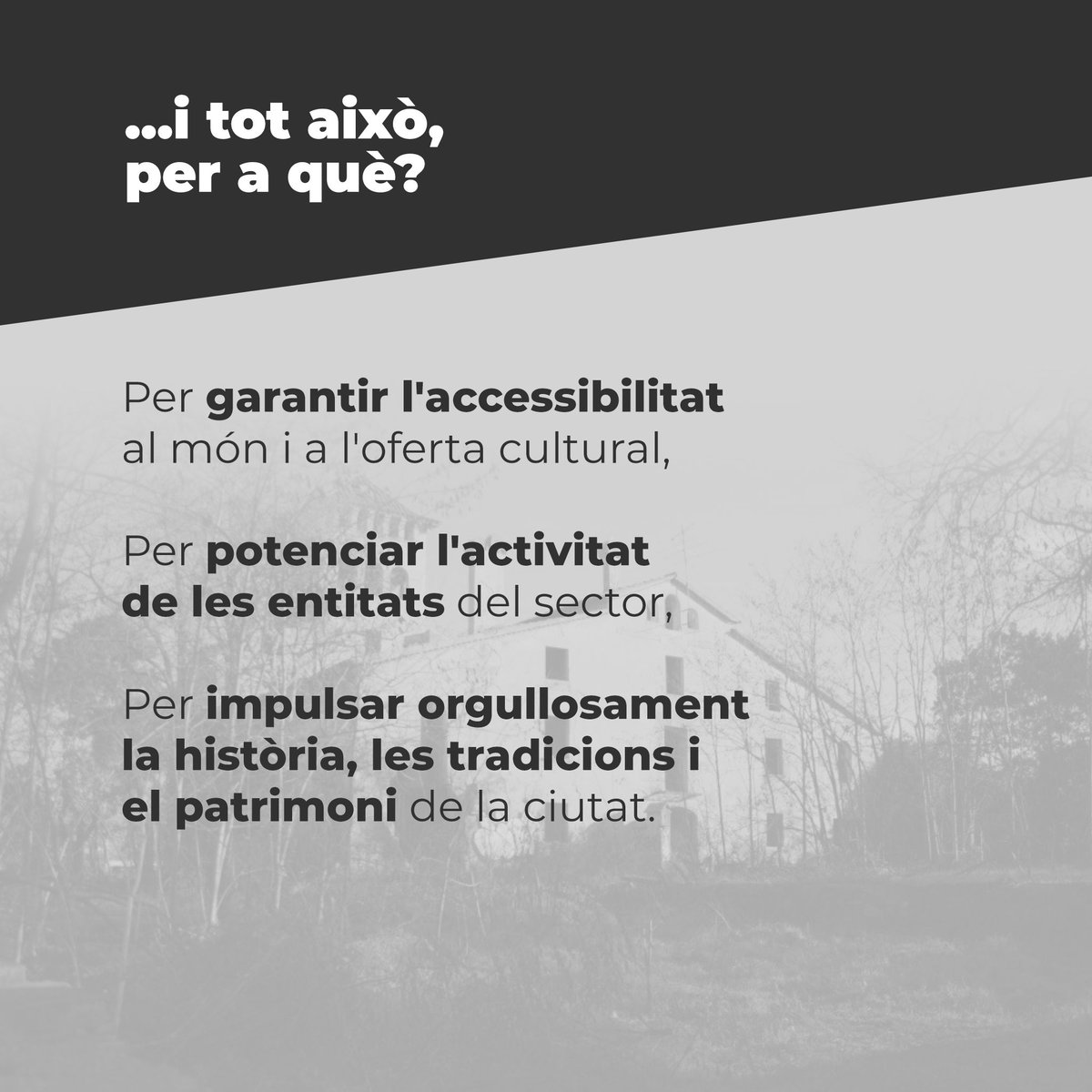 PSCMontcada's tweet photo. 🎭🎉 CULTURA
La cultura és la garantia d'una ciutat viva. Apostarem pel teixit associatiu i per preservar i potenciar el talent i la riquesa cultural, artística i patrimonial de #Montcada.
#TransformemMontcada https://t.co/4wmbW9K2TX
