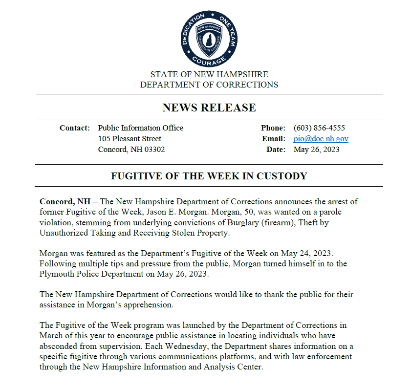 NHDOC's tweet photo. News Release - #NHDOC announces the arrest of former Fugitive of the Week Jason Morgan. Following multiple tips and pressure from the public, Morgan turned himself in to Plymouth Police Department. Thank you to the public for your assistance! #FugitiveOfTheWeek https://t.co/H7XdUbyBSM