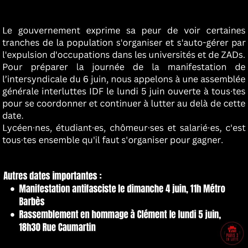 📣Assemblée Générale Interluttes📣
📢Campus Nation 05/06 - 15h📢
🚩Soyons nombreux.euses pour préparer le 6 juin🚩
#assembleegenerale #sorbonnenouvelle