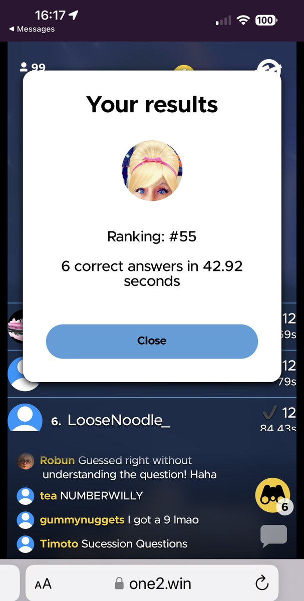 PJM143's tweet photo. @one2_win @GranPC @timothydunn @excitementahead 
SUPER FUN GAME. 
I was Half FANTASTIC &amp; Half AWFUL ! 
I GUESSED 55 in the Chat and CRAZY BUT TRUE, I was 55th today😱 (sooo do I still get Binoculars like the Olden Days of #One2Win?) Have a good long weekend if you’re in 🇺🇸 or 🇬🇧 https://t.co/XD2sKt9ISQ