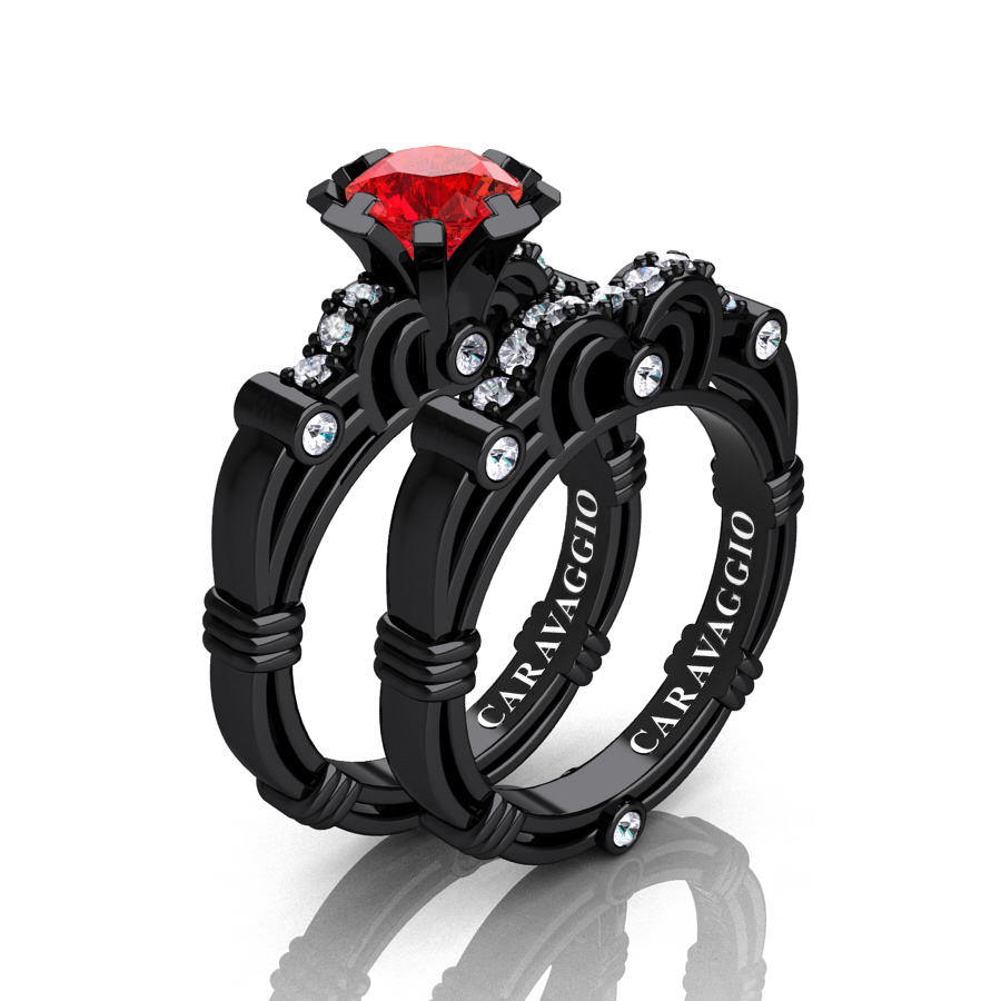 Exclusive 💎 caravaggiojewelry.com/?p=384997 Art Masters Caravaggio 14K Black Gold 1.0 Ct #Ruby #Diamond Engagement Ring Wedding Band Set R623S-14KBGDR at Caravaggio™ Jewelry