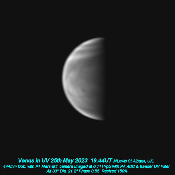 Venus in UV from last night in reasonable seeing. Using my new Player One Mars-M II camera. Works well in UV and IR.
