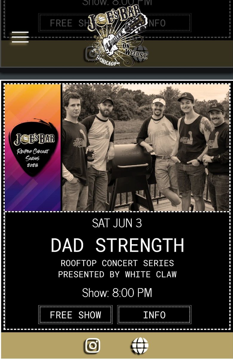 dadstrengthband's tweet photo. One week away! Chicago Tribune is calling this show the official start of Chicago summer. Don't miss it! ☀️💪🤘🔥🍻
.
.
.
#dadstrength #livemusic #coverband #aintnolawswhenyouredrinkingclaws #joesonweed #chicago @joesonweedst https://t.co/J6mKSSexJb