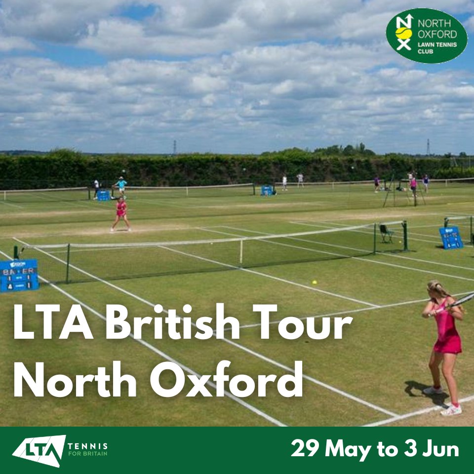 TennisOxford's tweet photo. The LTA British Tour is back at North Oxford from 29 May to 3 June.

Qualifying rounds are on Mon (Men's) and Tues (Ladies) with the Main Draw from Wed.

Play from 11am each day, the café is open and it's free to watch!

https://t.co/X8INc724Rm

@LTACompetitions https://t.co/qWbzcXSEbP