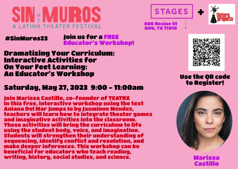 TinteroProject's tweet image. JOIN US THIS SATURDAY for an EDUCATOR'S WORKSHOP @ #SINMUROS! Join us + @StagesHouston as we collab with #Teatrx Co-Founder #MarissaCastillo in this exclusive FREE educator workshop - 9 to 11am!
Check the flyer for details!
#SinMuros23
Register here - tinyurl.com/ye5nf7ks