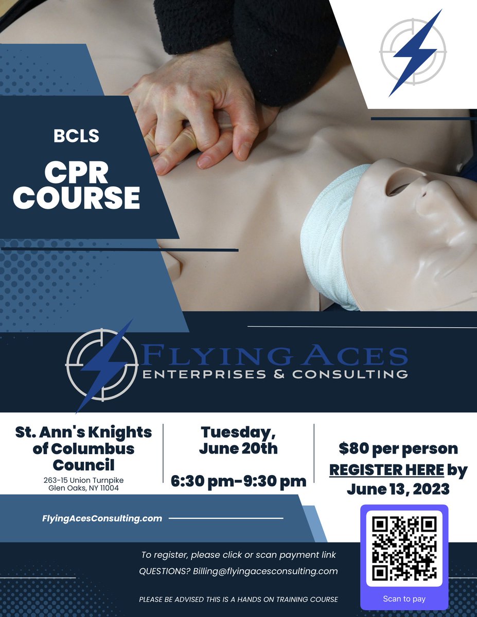 Don't forget to register for our BCLS CPR Course on June 20th!

Scan QR code or click the link to register!
buy.stripe.com/8wM6rwcuh0mscw…
#flyingaces #preparetobethedifference #bclscpr #CPR #cprtraining #kofc #handsontraining