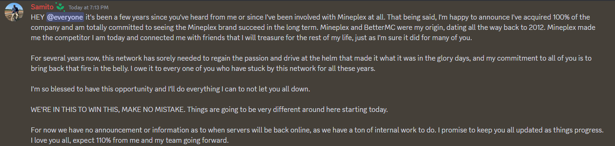Former Overwatch Pro Samito has 100% acquired the legacy Minecraft Server MinePlex, promising it's return just days after the servers were permanently shut down