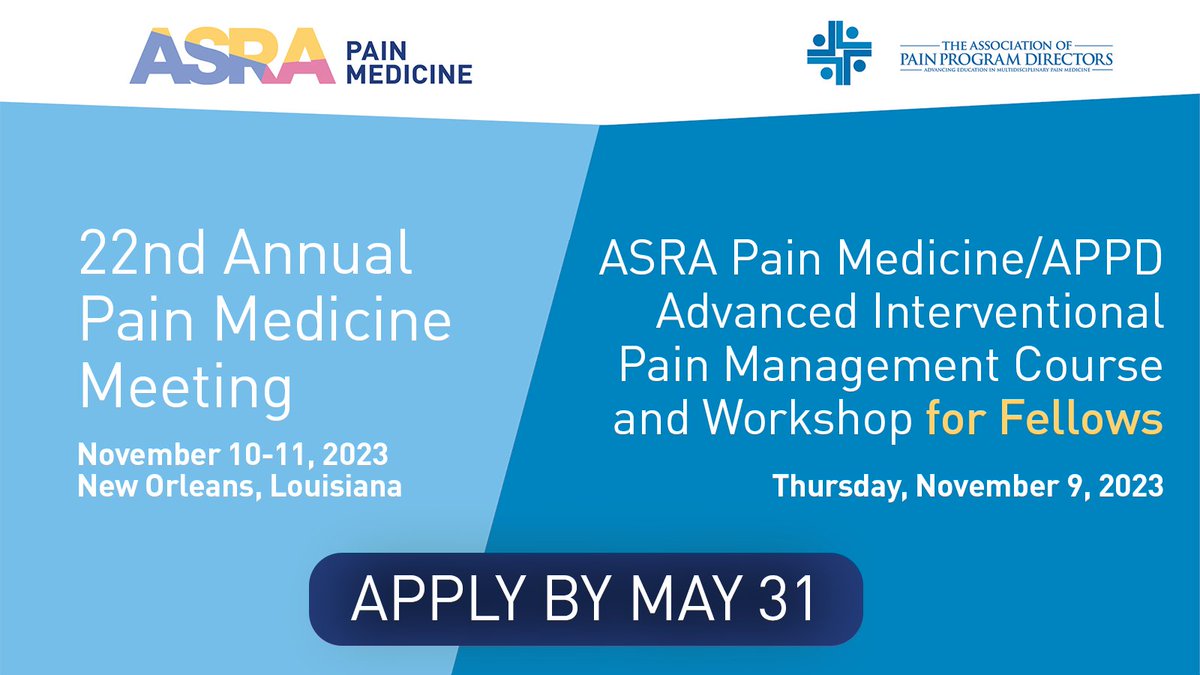 ASRA Pain Medicine (@asra_society) on Twitter photo Will you be a #fellow training in #painmedicine this November? Win a travel scholarship to the @asra_society <a href="/APPDHQ/">Association of Pain Program Directors</a> Advanced Interventional Pain Management Course for Fellows and learn from the world’s leading experts at #ASRAFALL23! Apply by May 31: ow.ly/5HQe50Oyacm Will you be a #fellow training in #painmedicine this November? Win a travel scholarship to the @asra_society <a href="/APPDHQ/">Association of Pain Program Directors</a> Advanced Interventional Pain Management Course for Fellows and learn from the world’s leading experts at #ASRAFALL23! Apply by May 31: ow.ly/5HQe50Oyacm