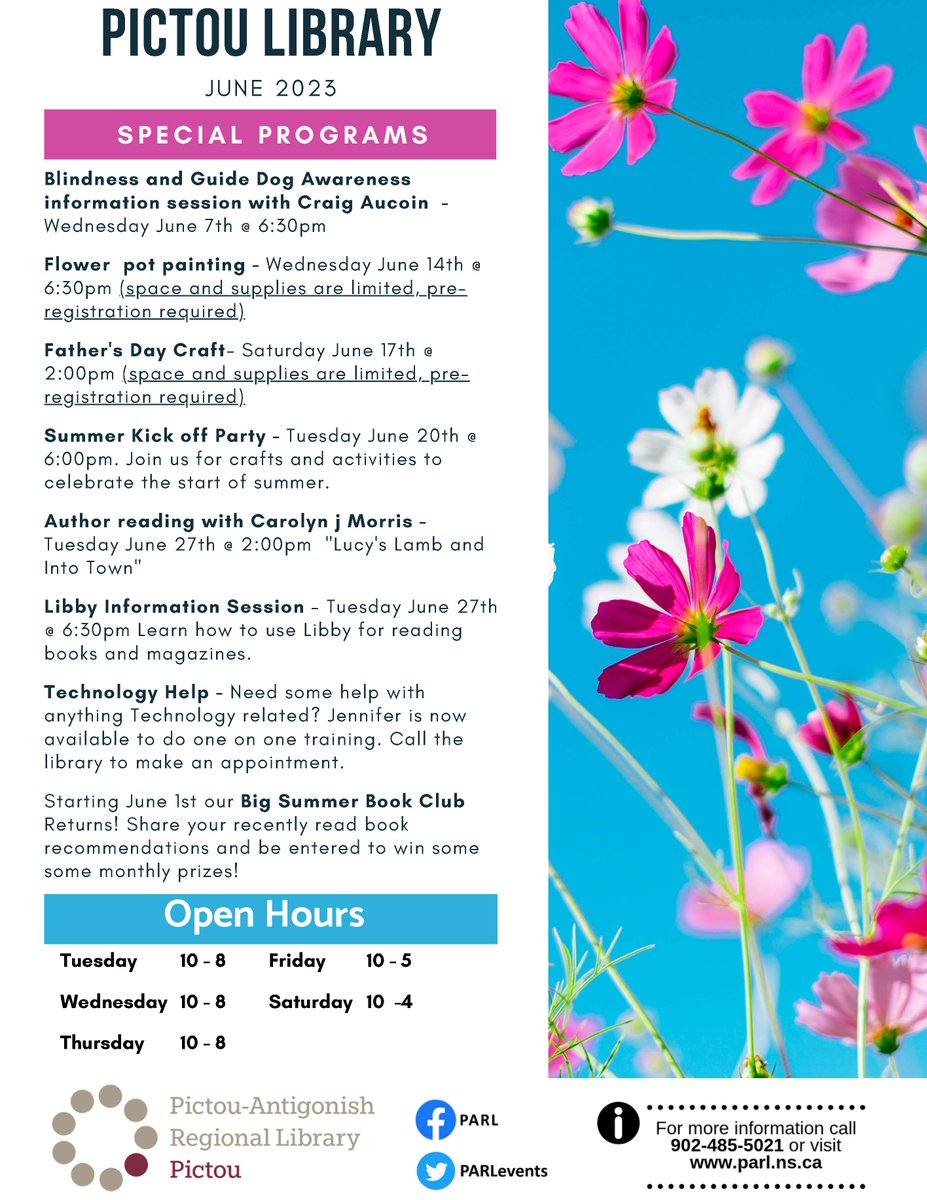CaregiversNS's tweet image. Check out what's happening at the Pictou County Library in June! #pictou #publiclibrary #freeprogramming #freeprograms #juneprogramming #summer