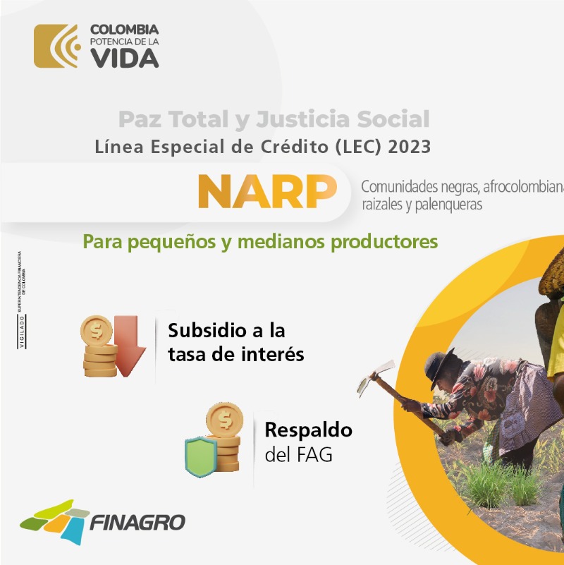 Finagro's tweet photo. ¡Impulsando el desarrollo de las comunidades negras, afrocolombianas, raizales y palenqueras en Colombia! 

🌾Con la LEC “NARP” promovemos el acceso al crédito de fomento para estas comunidades dedicadas al desarrollo de actividades agropecuarias en el país #InclusiónCrediticia